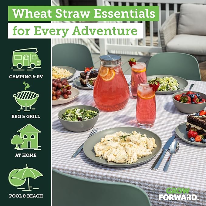 Grow Forward 24-piece Premium Wheat Straw Dinnerware Sets for 8 - Unbreakable Dishwasher & Microwave Safe Plastic Plates and Bowls Sets - Patio, Outdoors, RV, Camping Dishes - Feather