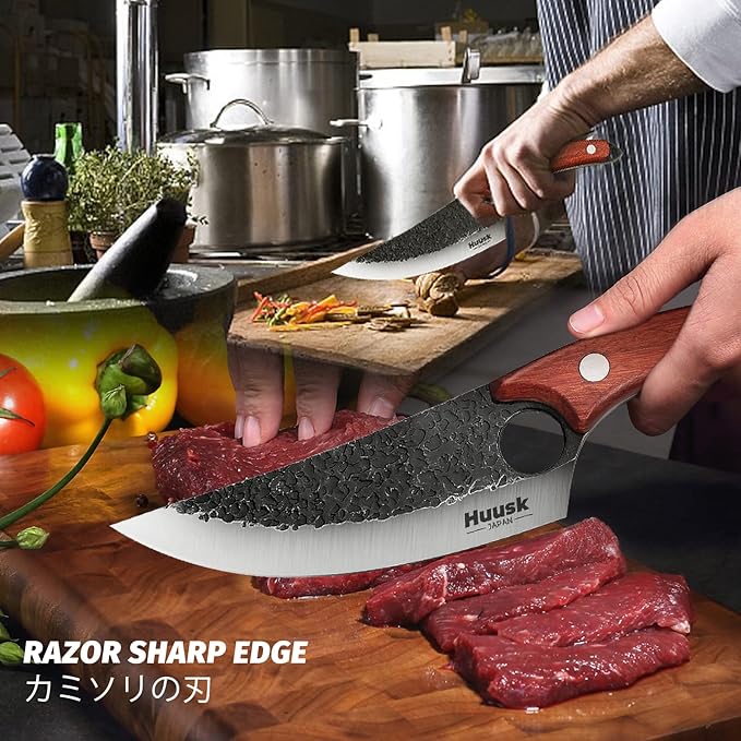 Huusk Viking Knives Hand Forged Boning & Chef Knife - Full Tang Japanese Blade with Sheath - Butcher Meat Cleaver - Camping & Kitchen Christmas Gifts for Men and Women