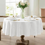 Newbridge Barcelona Luxury Damask Fabric Tablecloth, 108” Round, White, 100% Polyester, No Iron, Soil Resistant Dining Room, Party and Banquet Table Cover