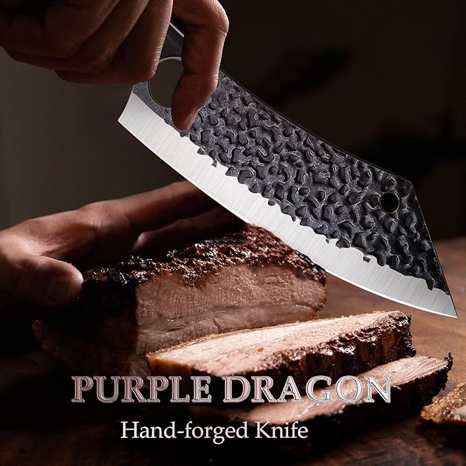 Purple Dragon Kitchen Knife 8 Inch Ultra Sharp Japanese Butcher Knife for Meat Cleaver Vegetable Cutting with Finger Hole Hand Forged High Carbon Steel Chef Knives Christmas Gift for Men and Women