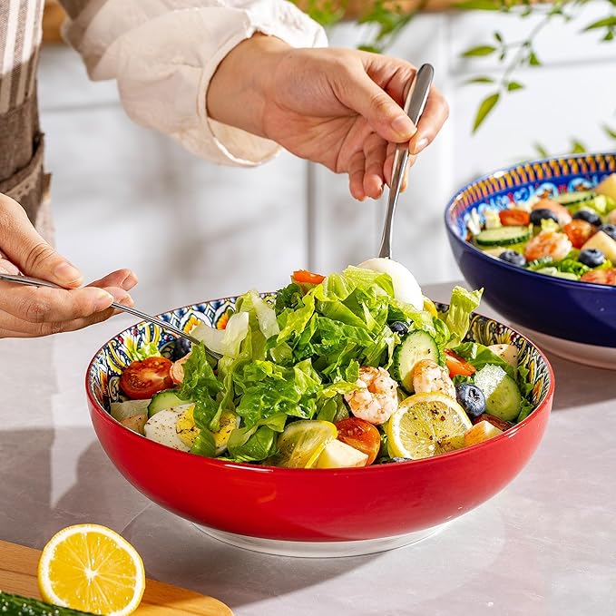 Red & Blue Large Serving Bowls Set of 2, Bohemian Style 10" Large Ceramic Bowls for Entertaining and Party, Bowls for Pasta Soup Fruit Ramen Cereal, Dishwasher Oven Safe