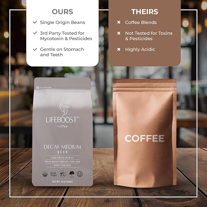 Lifeboost Medium Roast Decaf Coffee Beans – Organic Low Acid Swiss Water Decaf – Whole Bean Coffee – Third Party Tested for Mycotoxins & Pesticides – Chemical Free – 12 oz