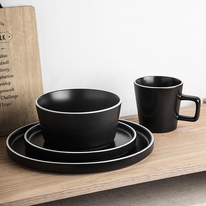 Stone Lain Allison Stoneware Dish Set, 32-Piece Round Dishes for 8, Black and White
