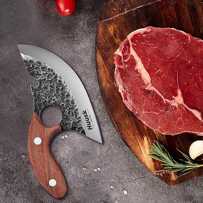 Huusk Knives, Viking Boning Knife for Meat Cutting, Small Ulu knives, Caveman Ultimo Knives Hand Forged Full Tang Knives for Kitchen or Camping Christmas Gift