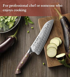 HEZHEN Santoku Knife with Wooden Sheath,7.3 Inches, 67 Layers Damascus Steel Kitchen Knife for Professional Chefs and Family, Micarta Handle,Gift Ready