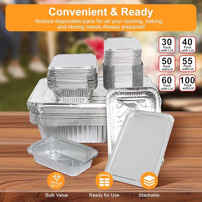 Notwoe® 30pc Disposable Aluminum Pans With Lids, 9x13 (10pc) And 8.2x5.7 Square (20pc) Combo Set, Disposable Baking and Cake Pan. (30 Pack w/Lids)