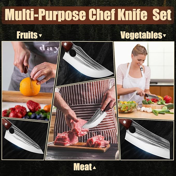 Kitchen Knife Set, Hand Forged Chef Knife Set with Full Tang Wood Handle, High Carbon Steel Butcher Knife Set for Meat Cutting Cleaver Knife Set for Vegetables Camping BBQ Ideal Gifts