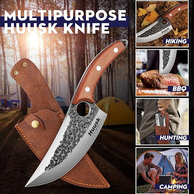 Huusk Chef Knives, Upgraded Viking Knife with Sheath Hand Forged Butcher Knife for Meat Cutting, Sharp Meat Cleaver for Kitchen and Outdoor, Thanksgiving Christmas Gifts