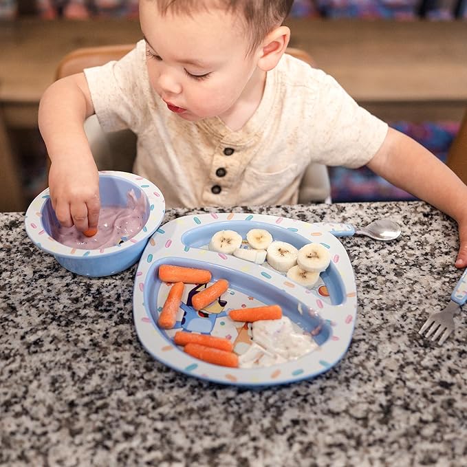 The First Years Bluey 4-Piece Place Setting - BPA Free Dishwasher Safe Toddler Dinnerware Set with Divided Plate, Bowl, Fork, Spoon - Multicolor