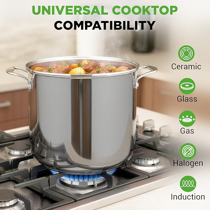 NutriChef 19-Quart Stainless Steel Stockpot – 18/8 Food Grade Heavy-Duty Induction-Compatible Pot with See-Through Lid, Ideal for Stews, Broths, Simmering & Soups, Dishwasher Safe – NCSP20
