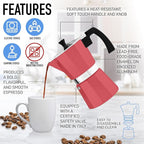 Zulay Moka Pot Espresso Stovetop Coffee Maker - Leak-Proof, Stainless Steel, Easy to Clean, Heat Resistant Handle & Knob - for Authentic Cuban & Italian Style Espresso - Makes 3 Espresso Cups - Red