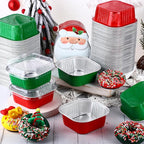 Aoriher 150 Pieces 10 oz Mini Cake Pans with Lids Aluminum Foil Baking Cups Square Disposable 4 x 4 Large Cupcake Cups Baking Tins for Kitchen Brownie Pudding Desserts Holder(Red,Christmas Green)
