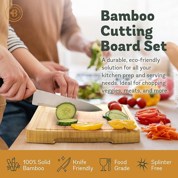 Bambüsi Wood Cutting Boards for Kitchen - Bamboo Cutting Board Set with Deep Juice Groove & Side Handles - Chopping Board Butcher Block for Meat, Vegetables, Charcuterie, Cheese, Serving, or Meal Prep