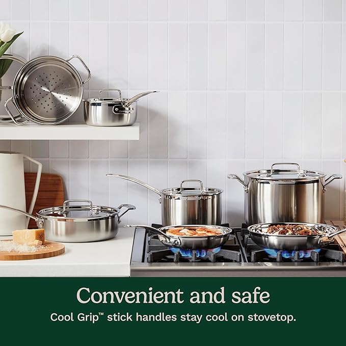 Cuisinart 12-Piece Cookware Set, MultiClad Pro Triple Ply Stainless Steel Cookware Set, Heat Surround Technology, Cool Grip Stick Handles, Oven Safe Up to 500°F, MCPS-12N, Silver