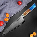 Seido Knives Kiritsuke Damascus Steel Chef Knife Epoxy Resin Stabilized Wood Handle Professional Kitchen Knife VG10 High Carbon Stainless Steel, Sapphire Blue