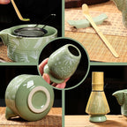 Matcha Bowl and Whisk Set, Ceramic Matcha Set Includes Matcha Bowl with Spout, Whisk & Holder, Bamboo Scoop, Stainless Sifter, Towel, Matcha Kit Making Tools,Light Green,7 PCS