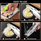 Garlic Press Stainless Steel, Premium Garlic Mincer - 5 Years Warranty - No Need to Peel Garlic Crusher, Ginger Masher & Presser Large Trough Ergonomic Handle, Easy Squeeze，Dishwasher Safe
