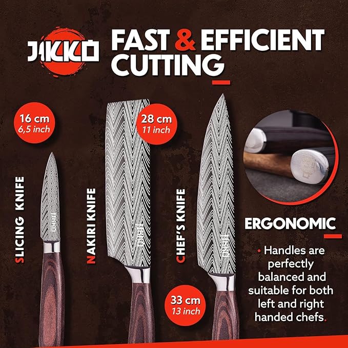 Jikko New Reinforced Carbon Steel Japanese Kitchen Knife Set – DiamondRazor Series – Ultra Sharp Japanese Knife Set & Chef Knife Set with Mahogany Wood Handles – Professional Chef's Knives