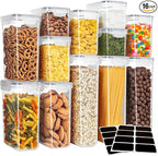 MR.SIGA 16 Pack Airtight Food Storage Container Set, BPA Free Kitchen Pantry Organization, Kitchen Canisters for Cereal, Spaghetti, includes 24 Reusable Sticker Labels