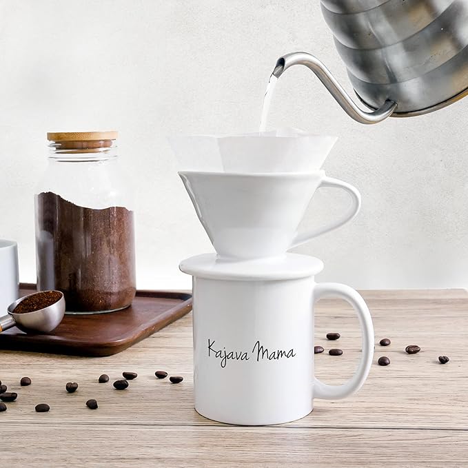 Pour Over Coffee Dripper - Ceramic Slow Brewing Accessories for Home, Cafe, Restaurants - Easy Manual Brew Maker Gift - Strong Flavor Brewer - V02 Paper Cone Filters - White, 2 Cup