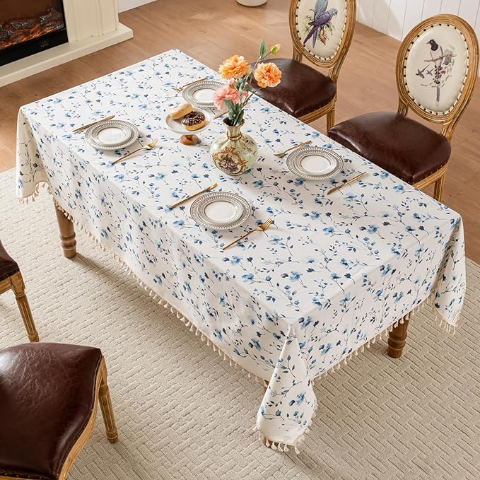Rectangle Tablecloth Pastoral Style, Waterproof & Stain Resistant Table Cloth Wrinkle Free Table Cover for Dining/Kitchen/Patio, Washable Indoor & Outdoor Use, 55"X86" Blue