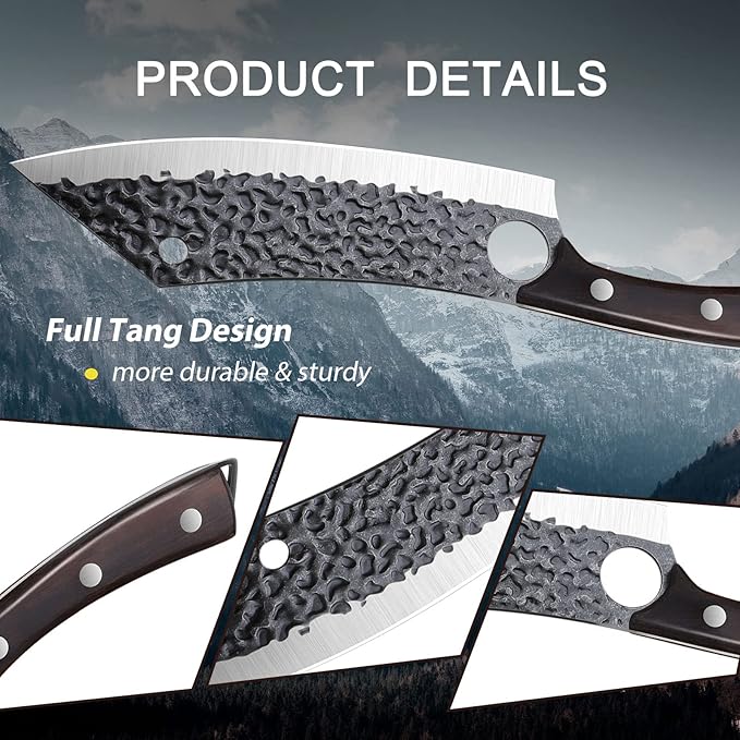 Purple Dragon Kitchen Knife 8 Inch Ultra Sharp Japanese Butcher Knife for Meat Cleaver Vegetable Cutting with Finger Hole Hand Forged High Carbon Steel Chef Knives Christmas Gift for Men and Women