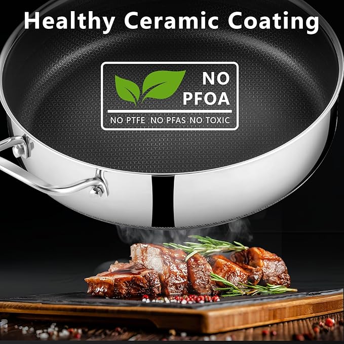 12 Inch Frying Pan Nonstick with Lid, 5.6QT Hybrid Ceramic Deep Saute Pan & Skillet, Tri-Ply Stainless Steel for Even Heat, PFOA/PFOS Free, Induction & Oven Safe
