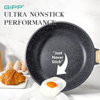 GiPP Nonstick Frying Pan Skillet with Lid - 8" Grey Granite Non Stick Pans, Omelette Pan with Heat-Resistant Handle, Compatible with All Stovetops, PFOA Free