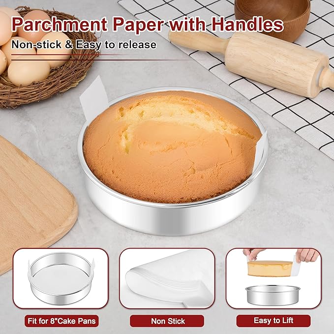 LIANYU 8 Inch Round Cake Pan for Baking, Circle Layer Cake Tin with 30 PCS Parchment Paper, Stainless Steel Bakeware for Birthday Wedding Party, Leak-proof & Mirror Finish, Dishwasher Safe