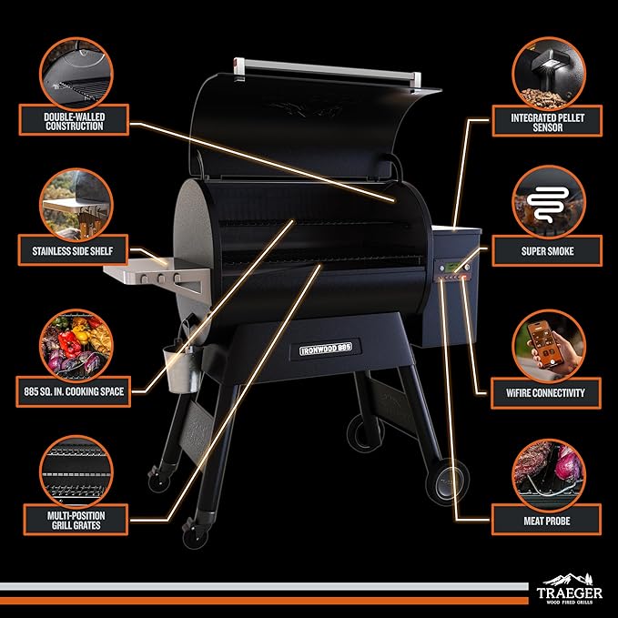Traeger Ironwood 885 Wood Pellet Grill and Smoker, WiFi Pellet Smoker Grill with Super Smoke Mode, D2 Controller, Large 885 sq. in. Cooking Area, Outdoor BBQ Electric Pellet Smoker, TFB89BLFC