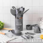 Country Kitchen Non Stick Silicone Utensil Set with Rounded Wood Handles for Cooking and Baking, 38 Piece Set, Gray