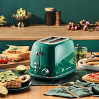 Roter Mond 2 Slice Toaster Retro Stainless Steel with Bagel, Cancel, and Defrost Functions, 6 Bread Shade Settings, Extra Wide Slots and Removable Crumb Tray, Green