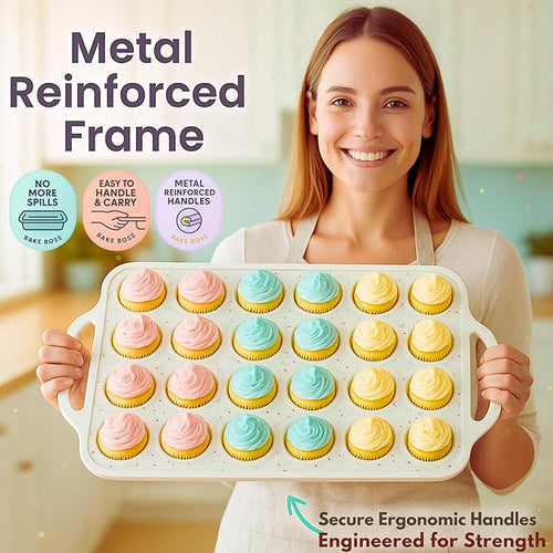 2-Pack Silicone Muffin Pan Set – Regular 12-Cup & Mini 24-Cup Nonstick Cupcake Pans – Metal-Reinforced Handles, BPA-Free, Non-Toxic, Dishwasher Safe, Cream Color Bakeware