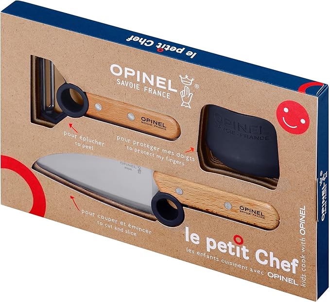 Opinel Le Petit Chef 254641 Kitchen Knife Set for Children, 3 Pieces, in Blue, Chef's Knife, Finger Guard, Peeler