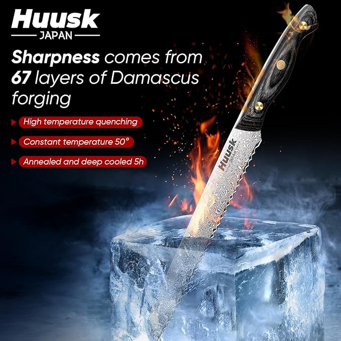 Huusk Damascus Serrated Bread Knife for Homemade Bread, VG10 Serrated Knife with Wide Wavy Edge, Tomato Slicer knife with Wooden Handle for Sourdough Baguette Sandwich,Birthday Dad Mom Gift