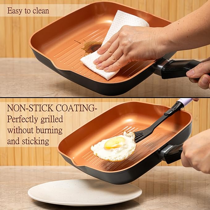 Moss & Stone Square Grill Pan For Indoor Cooking, 9.5In Frying Pan Copper Non-Stick Saute Fry Pan, Induction Copper Pan for Meats & Vegetables, Aluminum Griddle Nonstick Stove Top Grill Pan