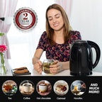 OVENTE Electric Kettle, 1.7L Double Wall Stainless Steel Insulated Water Boiler & Heater for Coffee or Tea, 1100W Fast Boiling with Auto Shut-Off, Boil-Dry Protection & Secure Locking Lid, Black KD64B