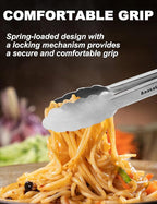 Anaeat 3 Pack 7" Mini Stainless Steel Cooking Tongs - Sturdy Coiled Spring Locking Kitchen Food Tong with Non-Slip Silicone Grip for Serving, Cooking, Baking - Heat Resistant up to 480°F (Black)