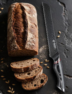8 Inch Bread Knife Serrated Blade - Black Damascus Steel with Ergonomic Handle - MIAO Series