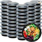 Klex 24 Oz, 150 Sets Meal Prep Containers with Airtight Lids, BPA Free, Reusable Plastic Food Container, 24 oz, Round, Black/Clear, 150 Sets