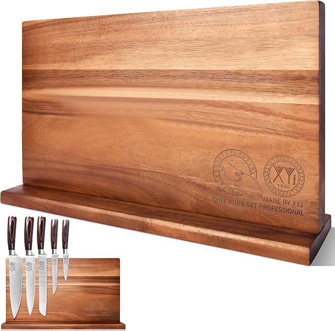 XYJ Extra Large Magnetic Knife Block Acacia Wood Knife Set Holder Stand With Stronge Magnetic Strip Kitchen Knives Storage Rack Organizer Tools No Drilling