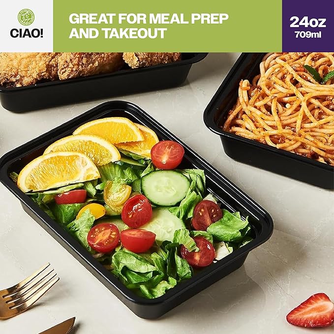 CIAO! Heavy Weight 24oz Injection Molded Microwavable Black Rectangular Food Container With Lid (150/case)
