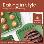 BAKKEN Kitchen Baking Pan Set - Nonstick Green Marble Coating, Carbon Steel Bakeware Sets with Green Silicone Handles, Kitchen Essentials, PFOA, PFOS, PTFE Free, Oven Safe (Up To 450° F), Set of 18