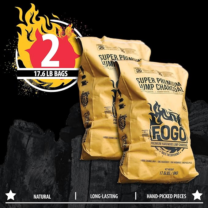 FOGO Super Premium Hardwood Lump Charcoal, Natural, Large Sized Lump Charcoal for Grilling and Smoking, Restaurant Quality, 17.6 Pound Bag, 2-Pack