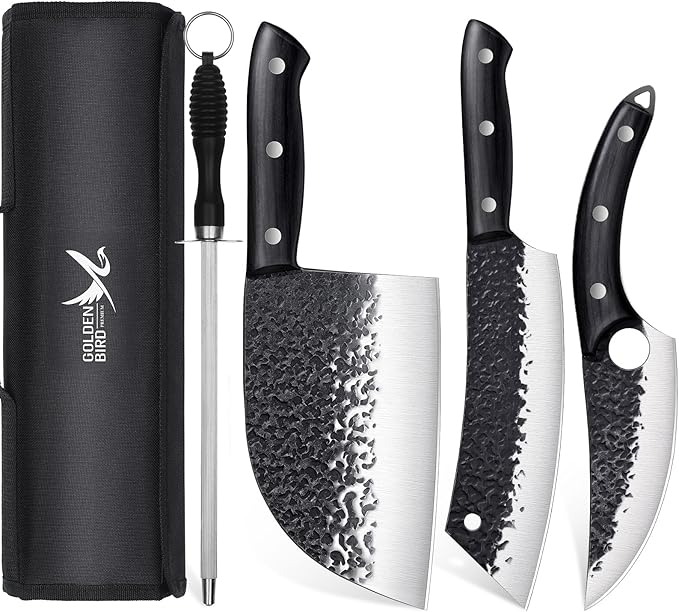 Golden Bird Butcher Knife Set - 4pcs Hand Forged Meat Cleaver Knife & Serbian Chef Knives & Sharp Viking Knives for Meat Cutting, Camping, BBQ, Christmas Gifts for Men Women