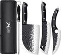 Golden Bird Butcher Knife Set - 4pcs Hand Forged Meat Cleaver Knife & Serbian Chef Knives & Sharp Viking Knives for Meat Cutting, Camping, BBQ, Christmas Gifts for Men Women