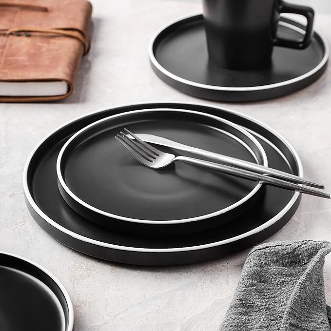 Stone Lain Allison Stoneware Dish Set, 32-Piece Round Dishes for 8, Black and White