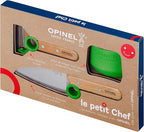 OPINEL Le Petit Chef Complete 3 Piece Kitchen Set, Chef Knife with Rounded Tip, Fingers Guard, Peeler, For Children and Teaching Food Prep and Kitchen Safety, Made in France (GREEN)