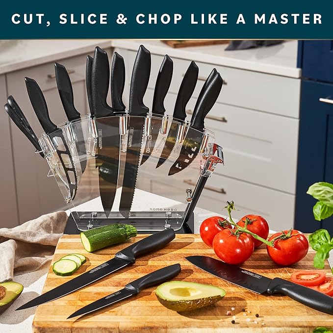 Home Hero Kitchen Knife Set - High Carbon Stainless Steel Blades & Built-In Sharpener - Ergonomic Handles & Cutlery Block Storage - Precision Cooking Prep with Chef Knife - 20 Pc, Black