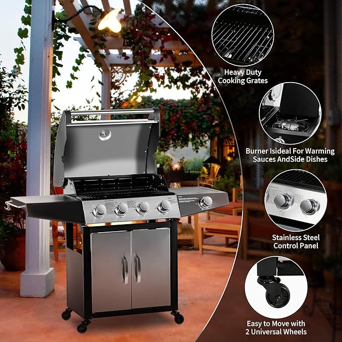 MASTER COOK 4 Burners Gas Grill, 52,000 BTU Cabinet Grill, Propane Grill, with Side Burner, Built with Stainless Steel, Silver&Black